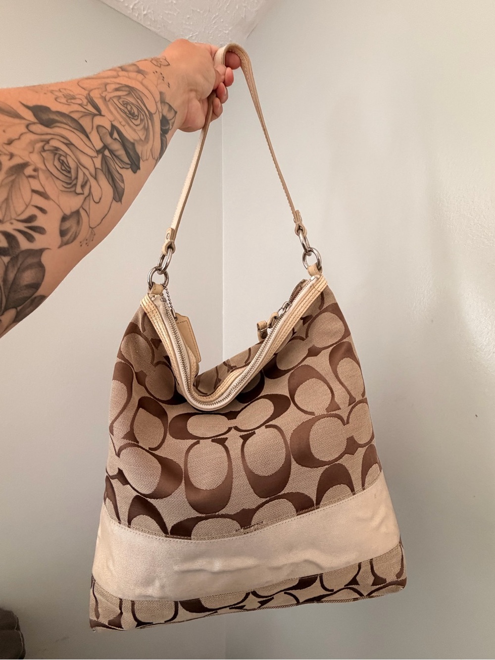Coach Brown & Cream Signature Hobo Shoulder Bag